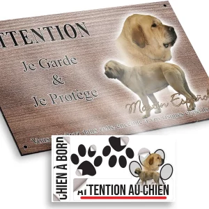 plaque attention au chien Mastin Español avec profil de face et de côté