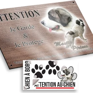 plaque attention au chien Un Mastin del Pirineo en profil et entier avec texte