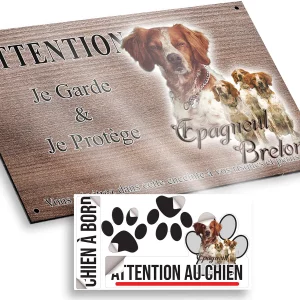 plaque attention au chien Épagneul Breton en portrait avec plusieurs silhouettes