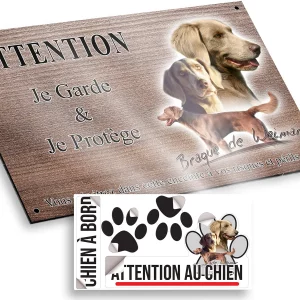 plaque attention au chien Image de Braque de Weimar avec trois chiens en arrière plan
