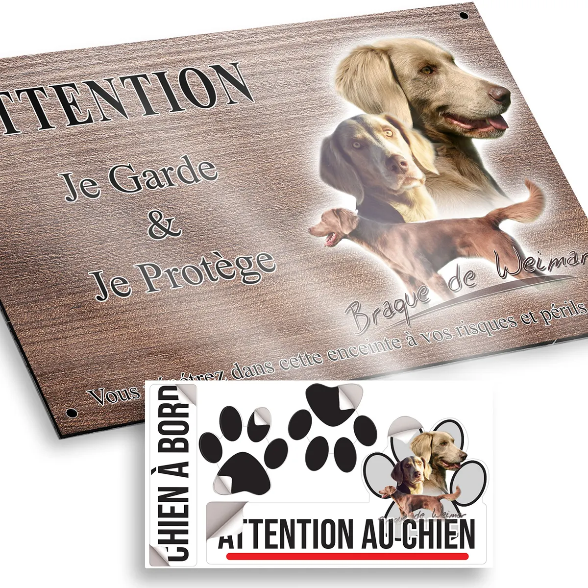 plaque attention au chien Image de Braque de Weimar avec trois chiens en arrière plan