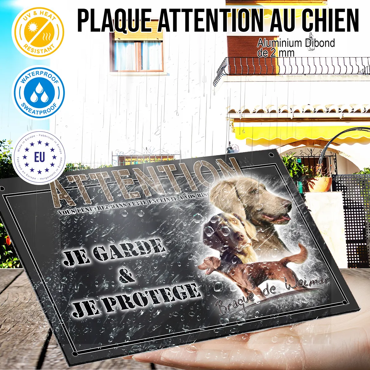 panneau chien de garde Image de Braque de Weimar avec trois chiens en arrière plan