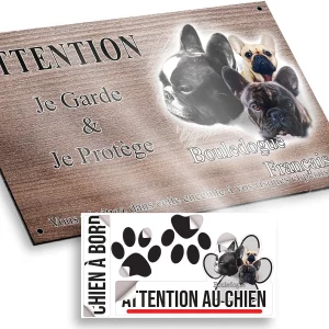 plaque attention au chien Trois Bouledogues Français en portrait avec texte