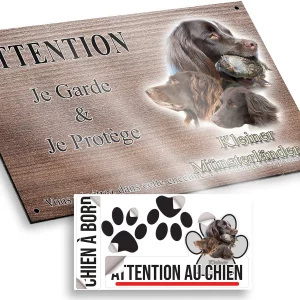 plaque attention au chien Trois chiens Klein Münsterländer avec une plume