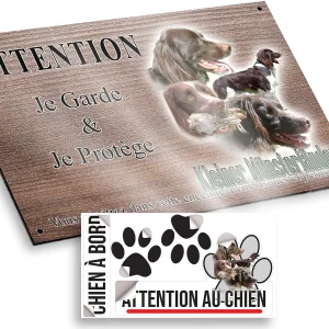 plaque attention au chien Quatre Kleiner Münsterländer avec un oiseau