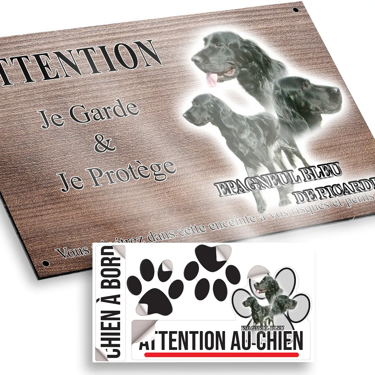 plaque attention au chien Épagneul Bleu de Picardie avec trois perspectives