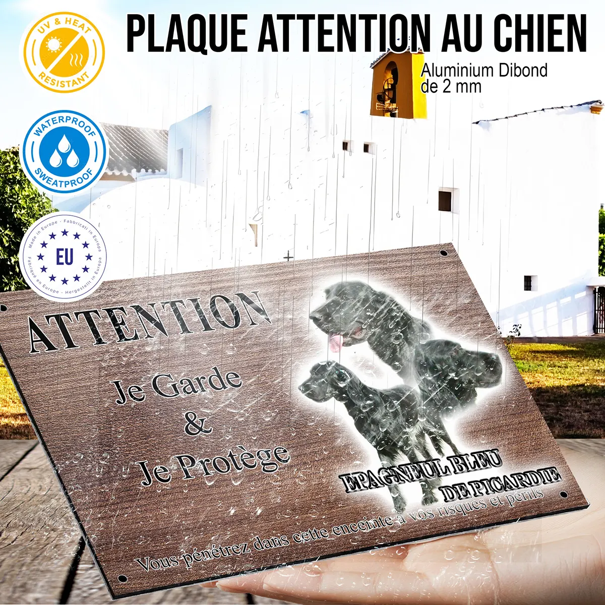 panneau attention au chien Épagneul Bleu de Picardie avec trois perspectives