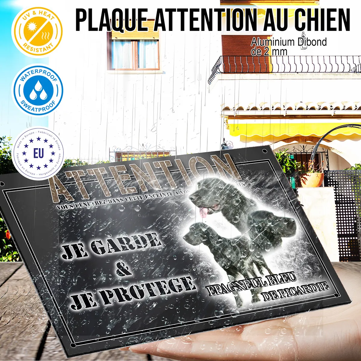 panneau chien de garde Épagneul Bleu de Picardie avec trois perspectives