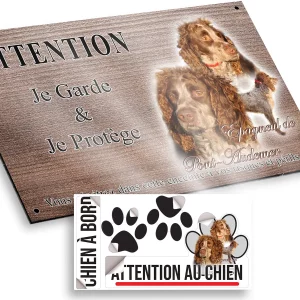 plaque attention au chien Épagneul de Pont Audemer avec têtes et corps