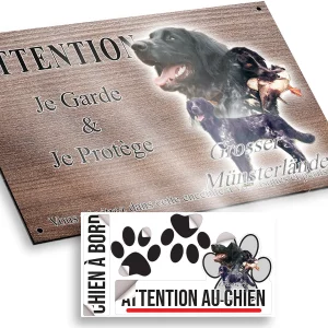 plaque attention au chien Grosser Münsterländer avec oiseaux et arrière plan coloré