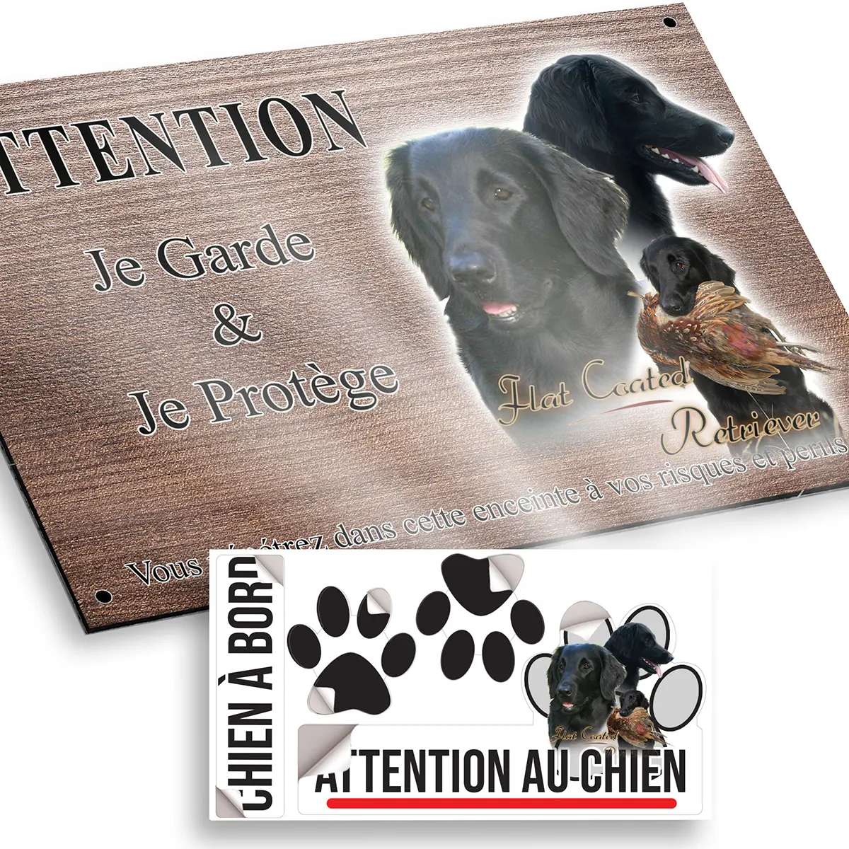 plaque attention au chien Flat Coated Retriever avec un oiseau dans la bouche