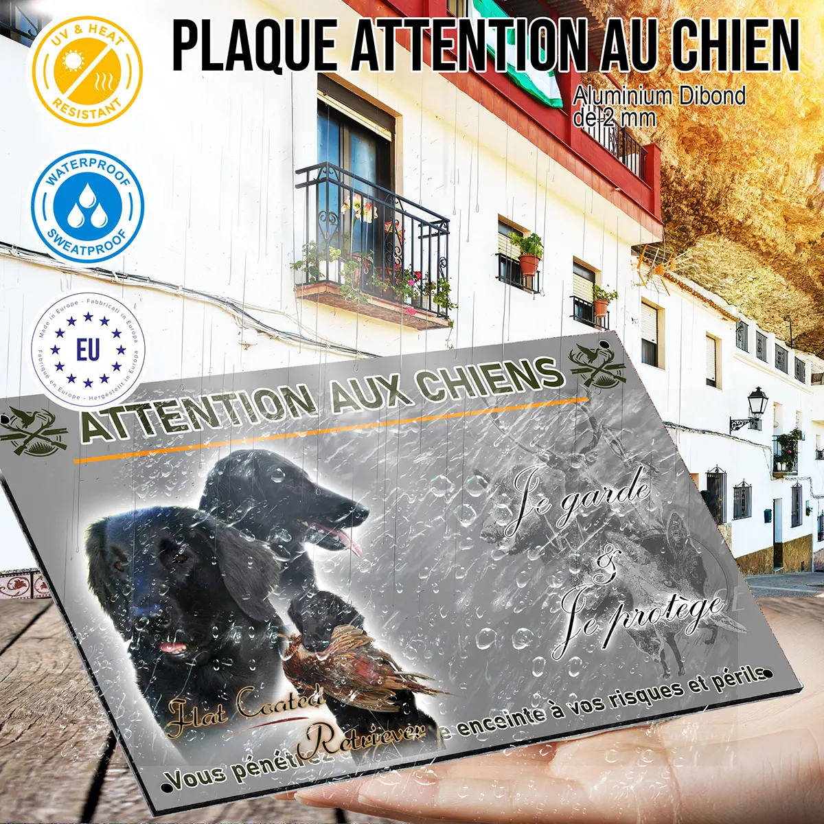 panneau Flat Coated Retriever avec un oiseau dans la bouche