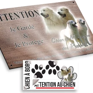 plaque attention au chien Groupe de chiens de Montagne des Pyrénées en arrière plan vert