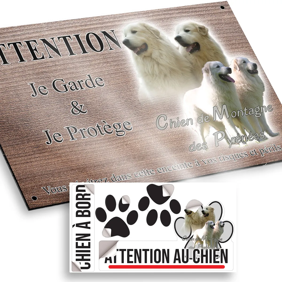 plaque attention au chien Groupe de chiens de Montagne des Pyrénées en arrière plan vert