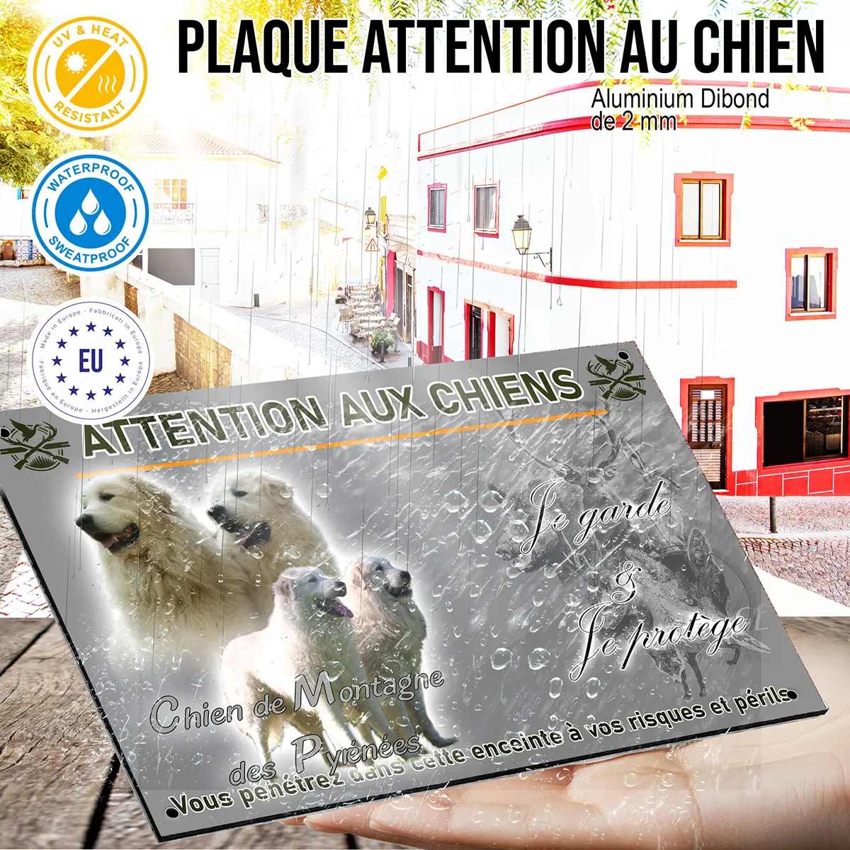 panneau Groupe de chiens de Montagne des Pyrénées en arrière plan vert
