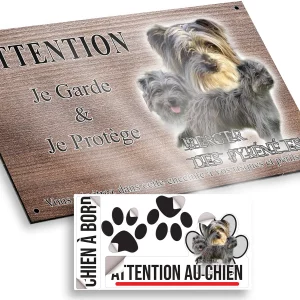 plaque attention au chien Trois chiens Berger des Pyrénées sur fond flou