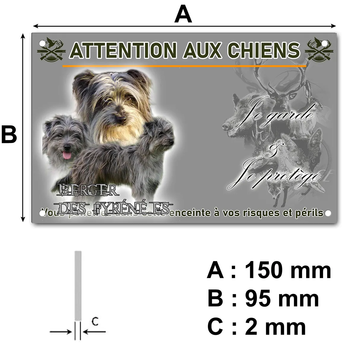 plaque Trois chiens Berger des Pyrénées sur fond flou