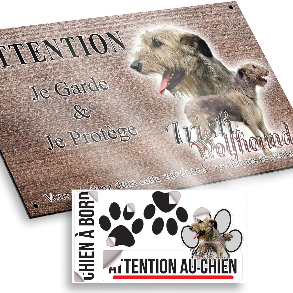 plaque attention au chien Irish Wolfhound showing a profile and full body view