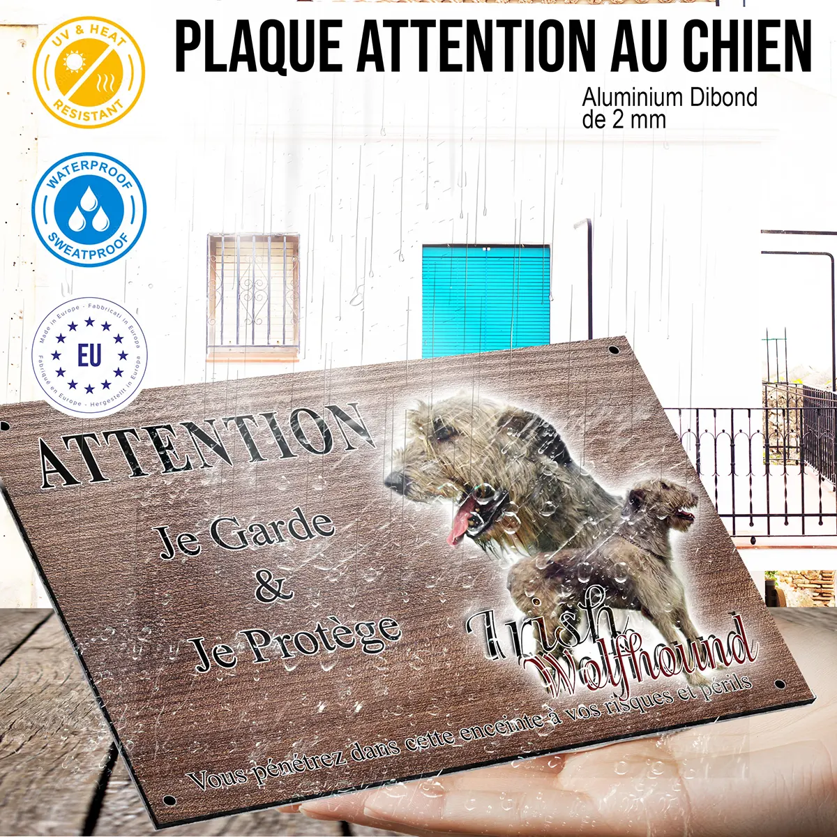 panneau attention au chien Irish Wolfhound showing a profile and full body view
