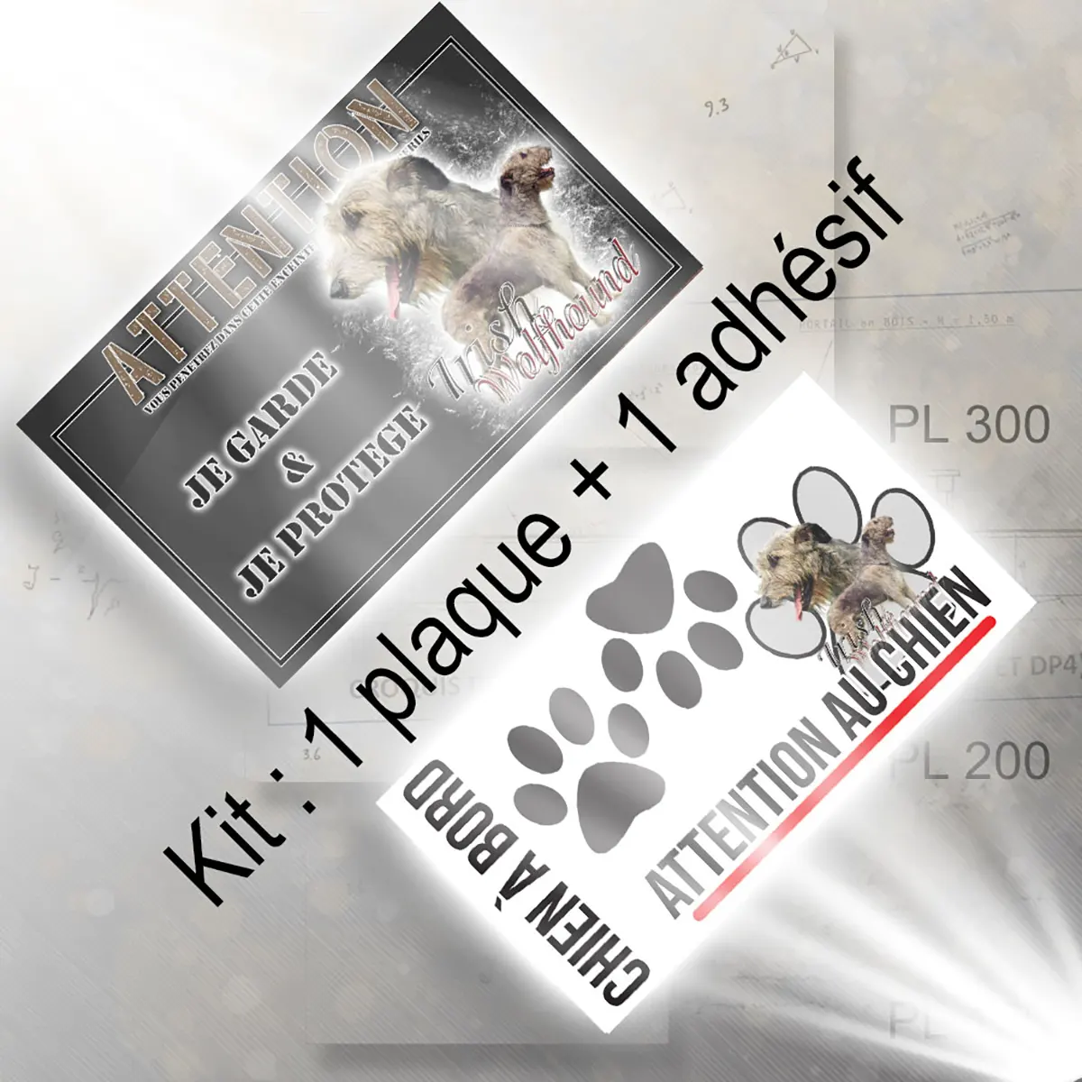 plaque chien de chasse Irish Wolfhound showing a profile and full body view