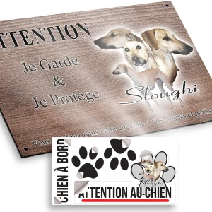 plaque attention au chien Trois Sloughis en illustration artistique avec le nom 'Sloughi'
