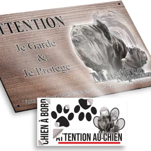 plaque attention au chien 4 portraits de Mastino Napolitano sur fond artistique.