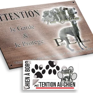 plaque attention au chien 5 têtes d'Italian Greyhound et un chien entier