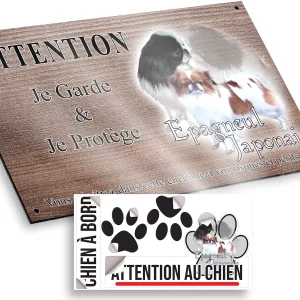 plaque attention au chien Trois épagneuls japonais   un chien en entier et deux têtes.