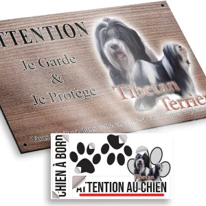 plaque attention au chien Deux Tibetan Terriers avec pelage noir et blanc