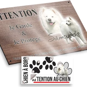 plaque attention au chien Image de deux Samoyèdes sur fond blanc