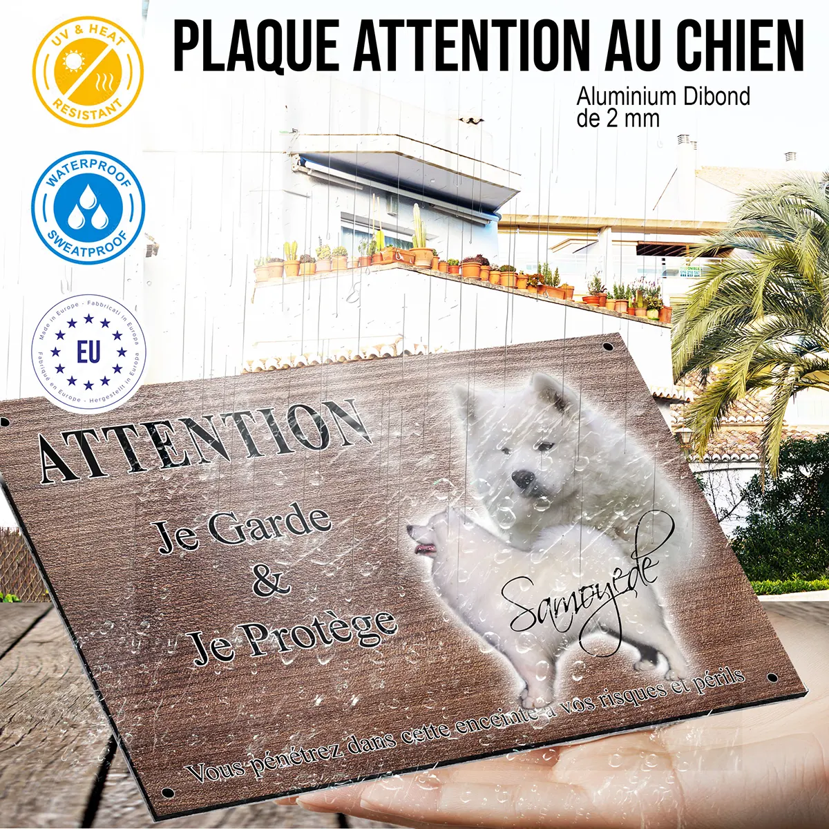 panneau attention au chien Deux chiens Samoyède sur fond flou