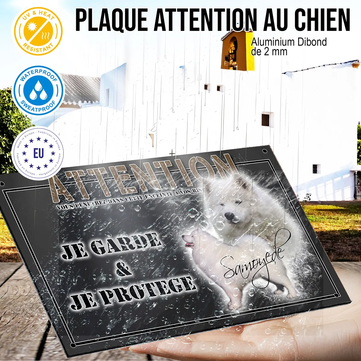 panneau chien de garde Deux chiens Samoyède sur fond flou
