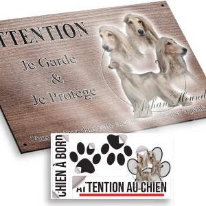 plaque attention au chien Afghan Hound avec cinq portraits sur fond circulaire
