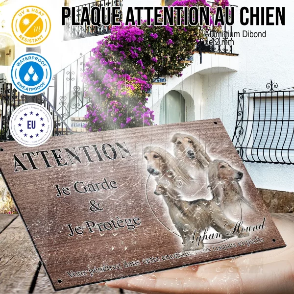 panneau attention au chien Afghan Hound avec cinq portraits sur fond circulaire