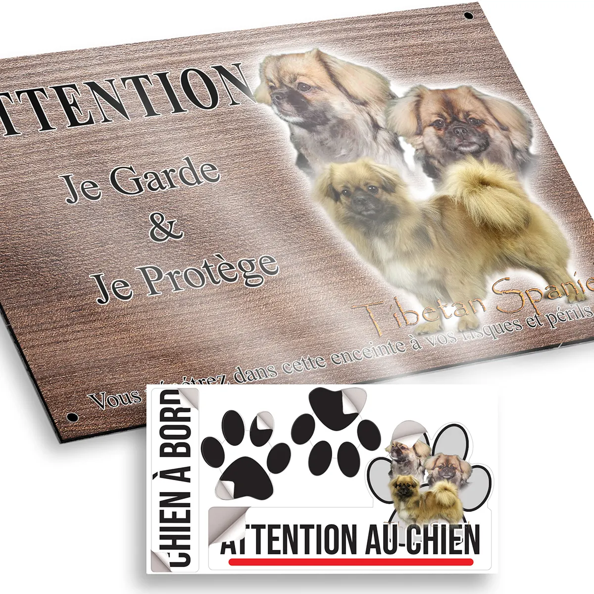 plaque attention au chien Tibetan Spaniel avec deux têtes en arrière plan