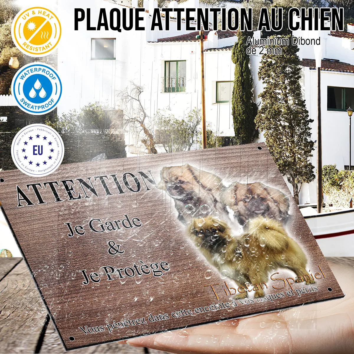 panneau attention au chien Tibetan Spaniel avec deux têtes en arrière plan