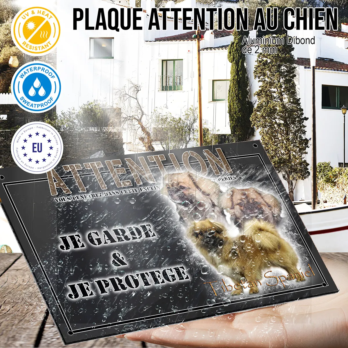 panneau chien de garde Tibetan Spaniel avec deux têtes en arrière plan