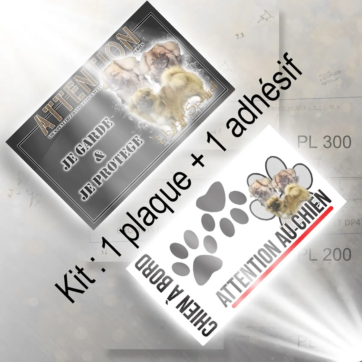 plaque chien de chasse Tibetan Spaniel avec deux têtes en arrière plan