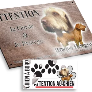 plaque attention au chien Image de deux Braques Hongrois sur un fond naturel.