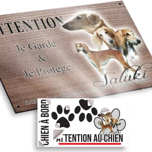 plaque attention au chien Image de Saluki avec 3 chiens et 1 tête en profil.