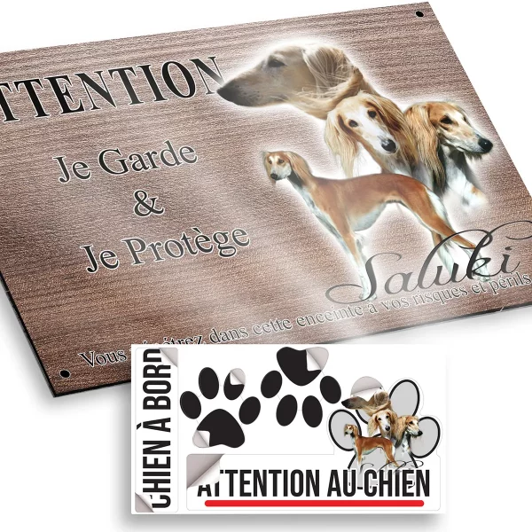 plaque attention au chien Image de Saluki avec 3 chiens et 1 tête en profil.