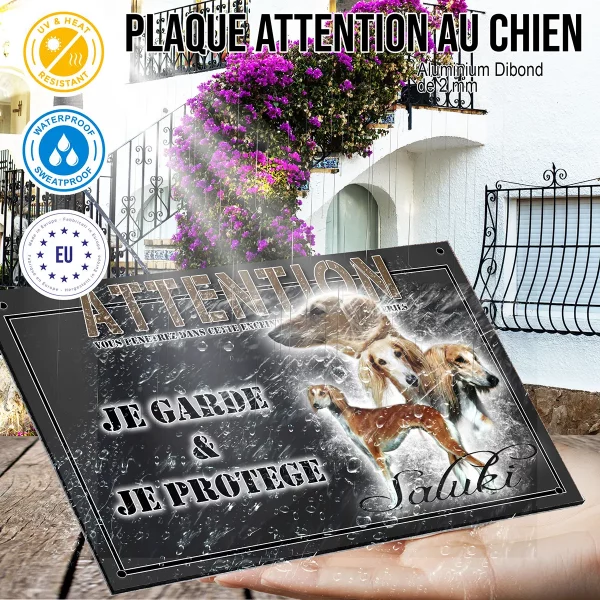 panneau chien de garde Image de Saluki avec 3 chiens et 1 tête en profil.
