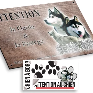 plaque attention au chien Trois Husky Sibériens sur fond coloré