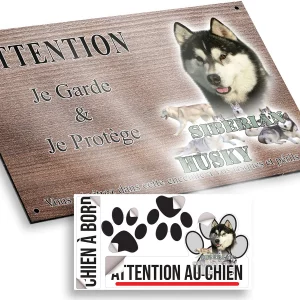 plaque attention au chien Siberian Husky avec plusieurs chiens dans différentes poses