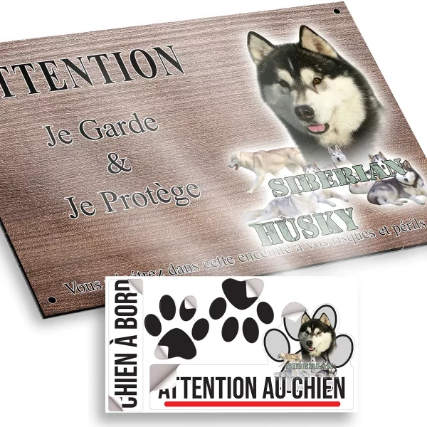 plaque attention au chien Siberian Husky avec plusieurs chiens dans différentes poses