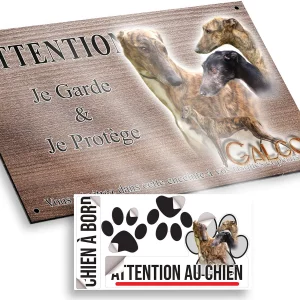 plaque attention au chien Galgos en groupe avec différentes robes
