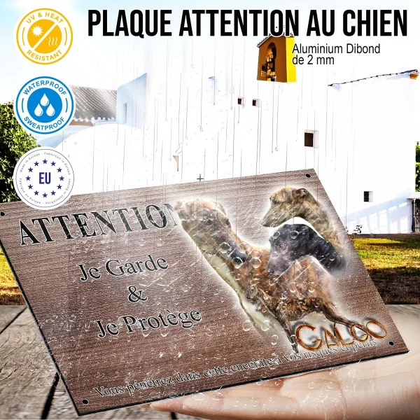 panneau attention au chien Galgos en groupe avec différentes robes