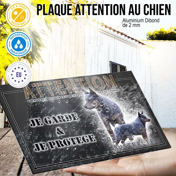 panneau chien de garde Deux Bouvier Australiens en pose avec le texte Bouvier Australien