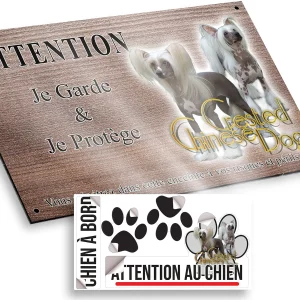 plaque attention au chien Deux chiens Crested Chinese avec des poils longs et soyeux