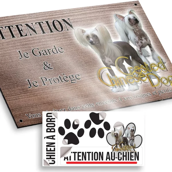 plaque attention au chien Deux chiens Crested Chinese avec des poils longs et soyeux